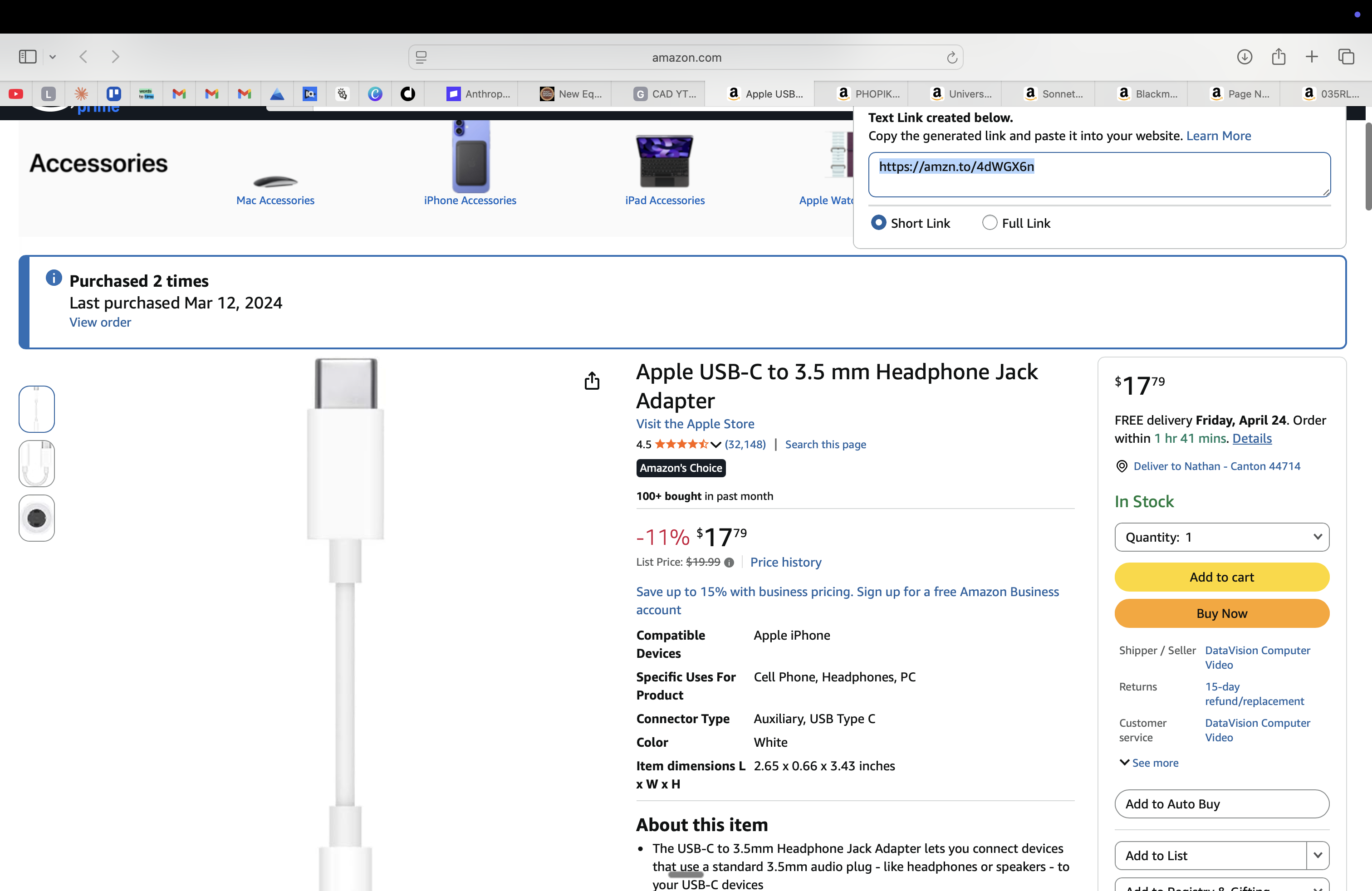 Apple USB-C to 3.5mm Headphone Jack Adapter