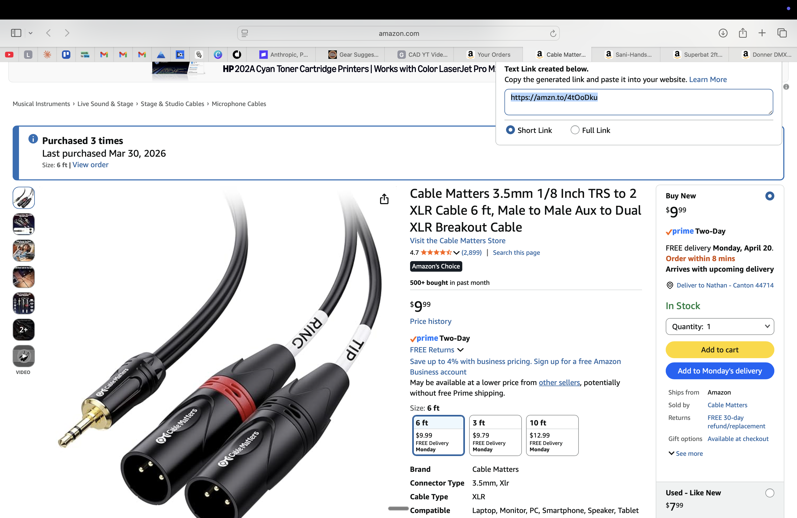 Cable Matters 3.5mm TRS to Dual XLR (6ft)