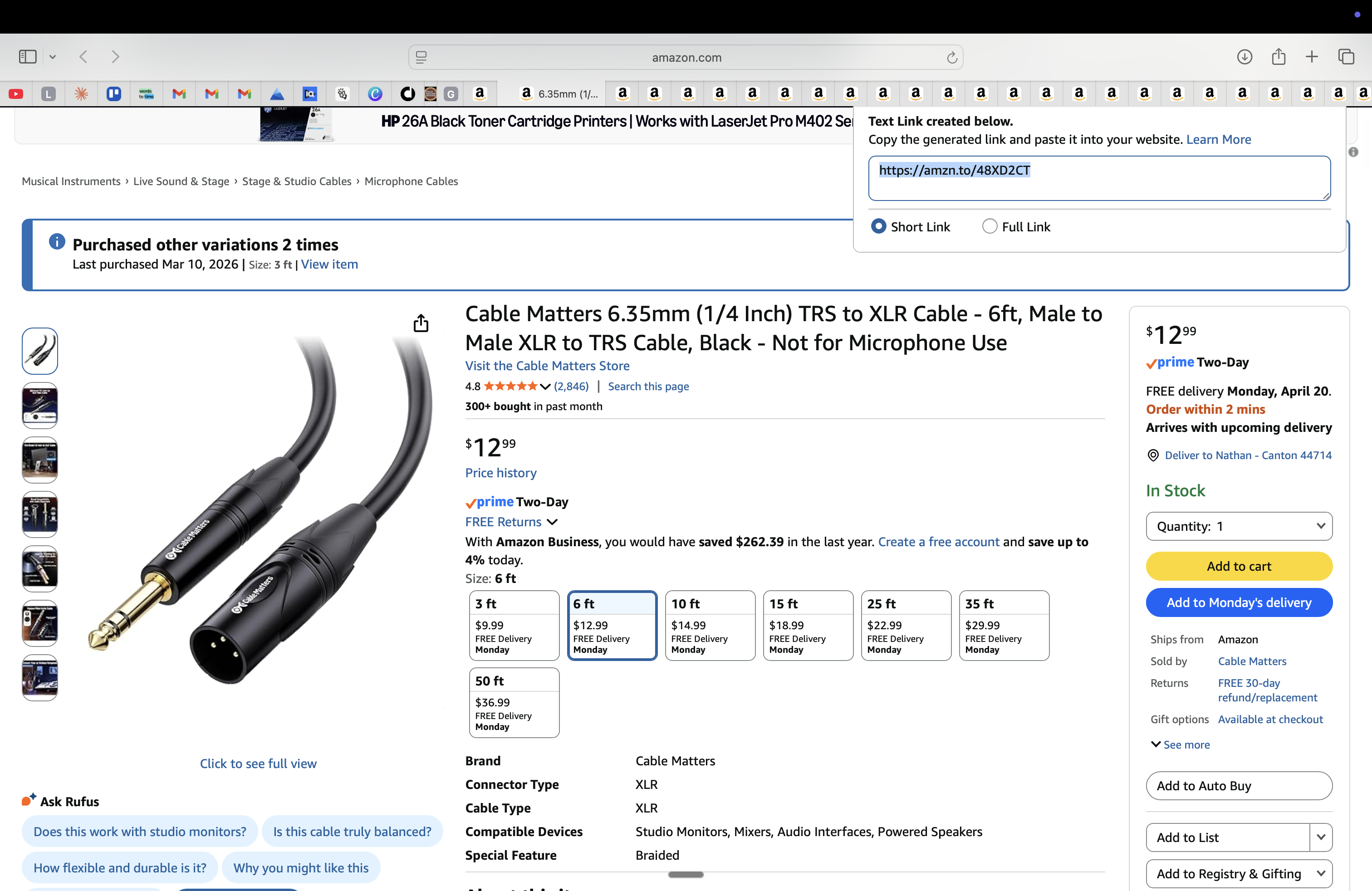 Cable Matters 1/4" TRS to XLR Cable (6ft)