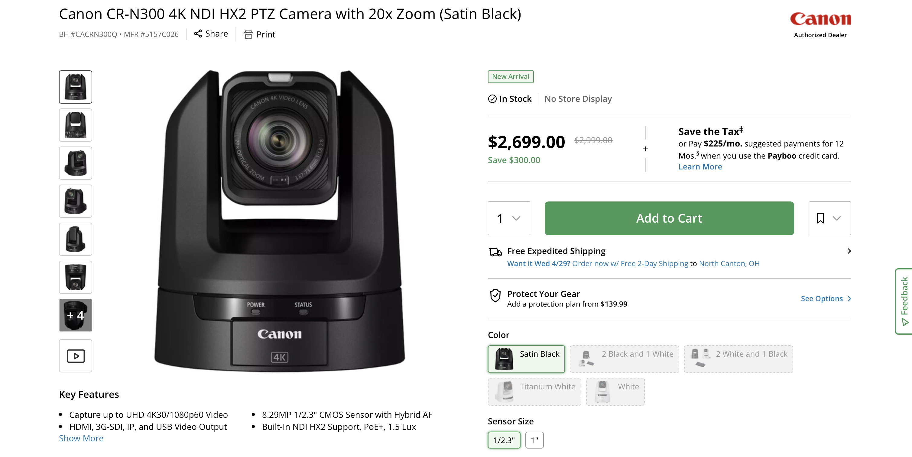 Canon CR-N300 Pro PTZ Camera (4K, 20x, 3G-SDI)