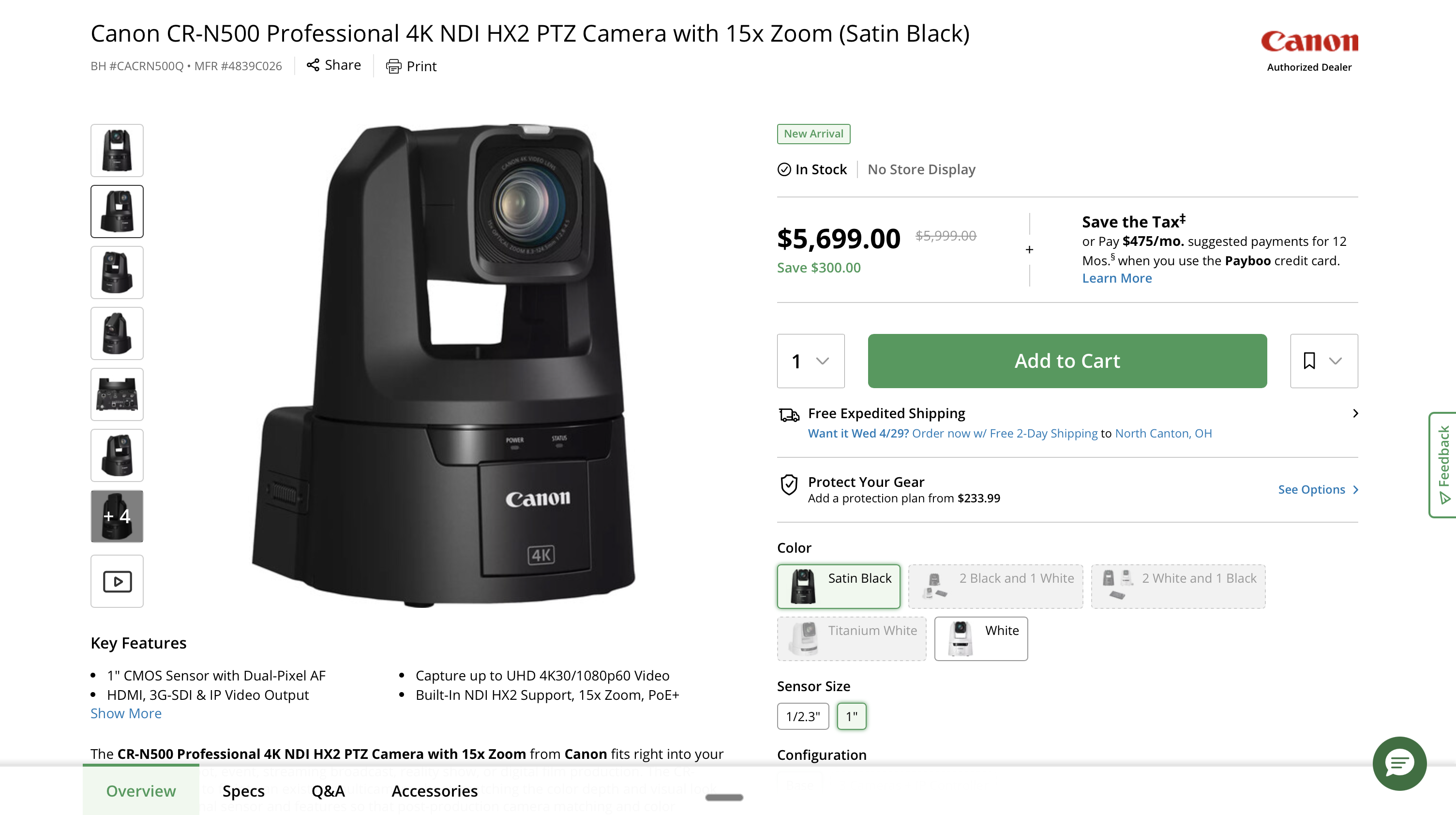 Canon CR-N500 Pro PTZ Camera (4K, 15x, 3G-SDI)