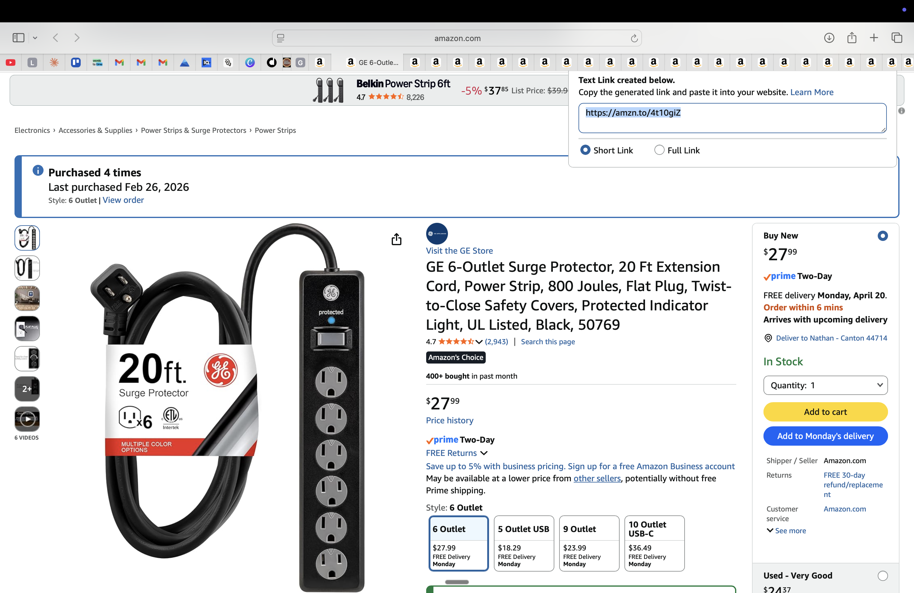 GE 6-Outlet Surge Protector (20ft, Flat Plug)