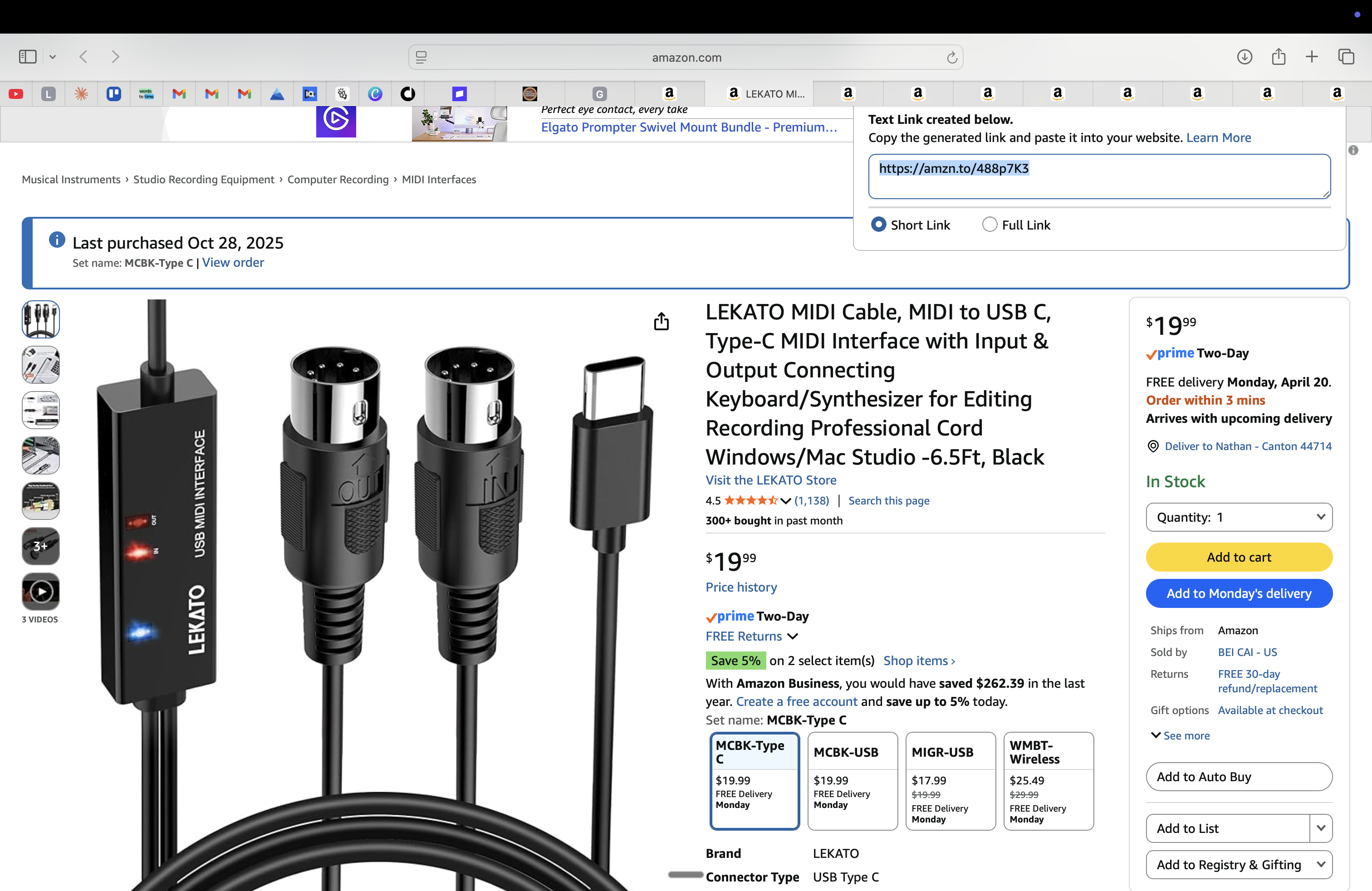 LEKATO MIDI to USB-C Cable (6.5ft)