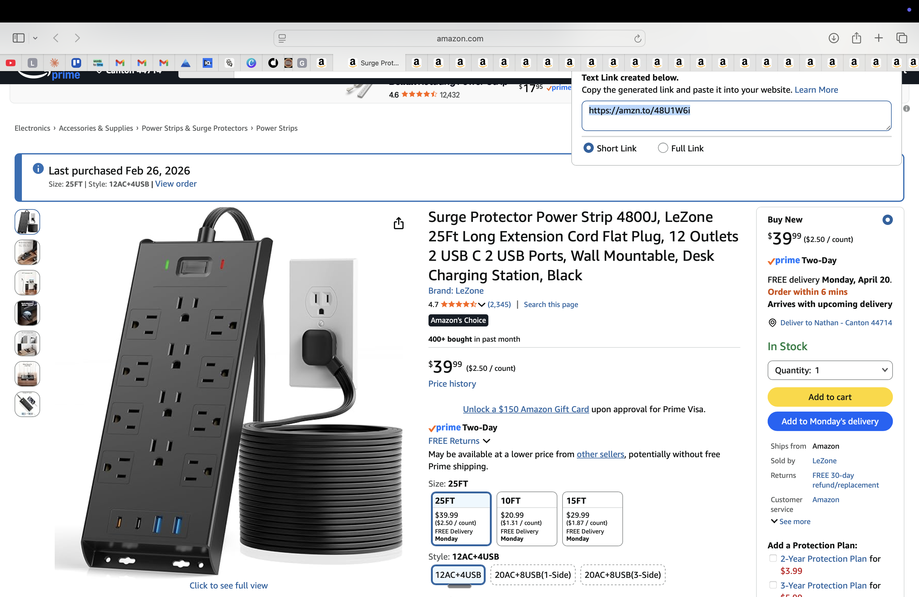 LeZone 12-Outlet Power Strip (25ft Cord)