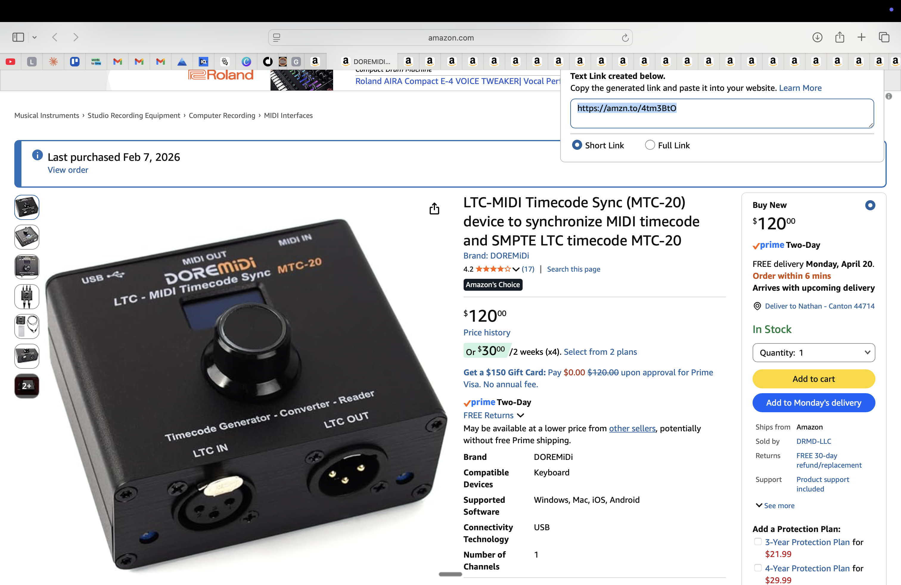 LTC-MIDI Timecode Sync MTC-20 (SMPTE ↔ MTC)