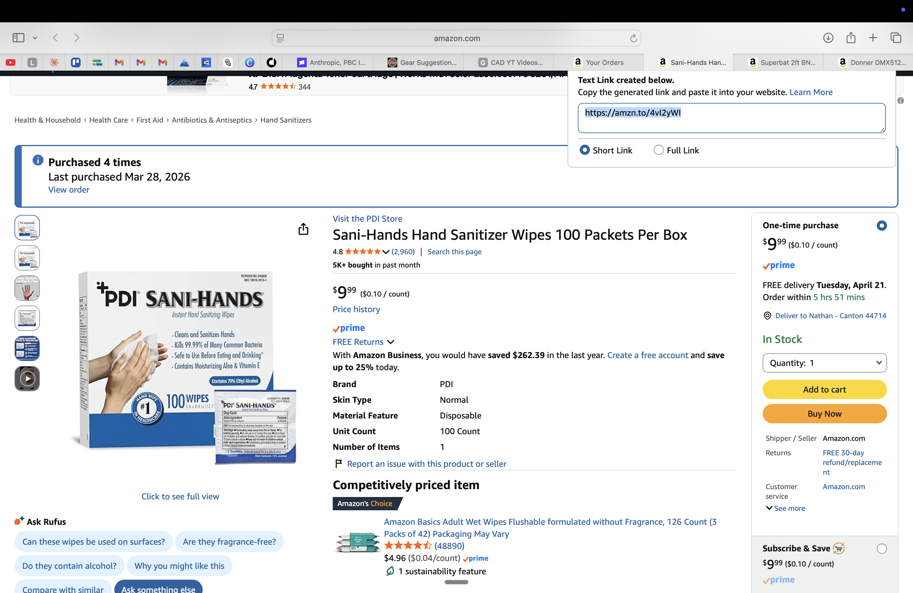 Sani-Hands Hand Sanitizer Wipes (100 Packets)