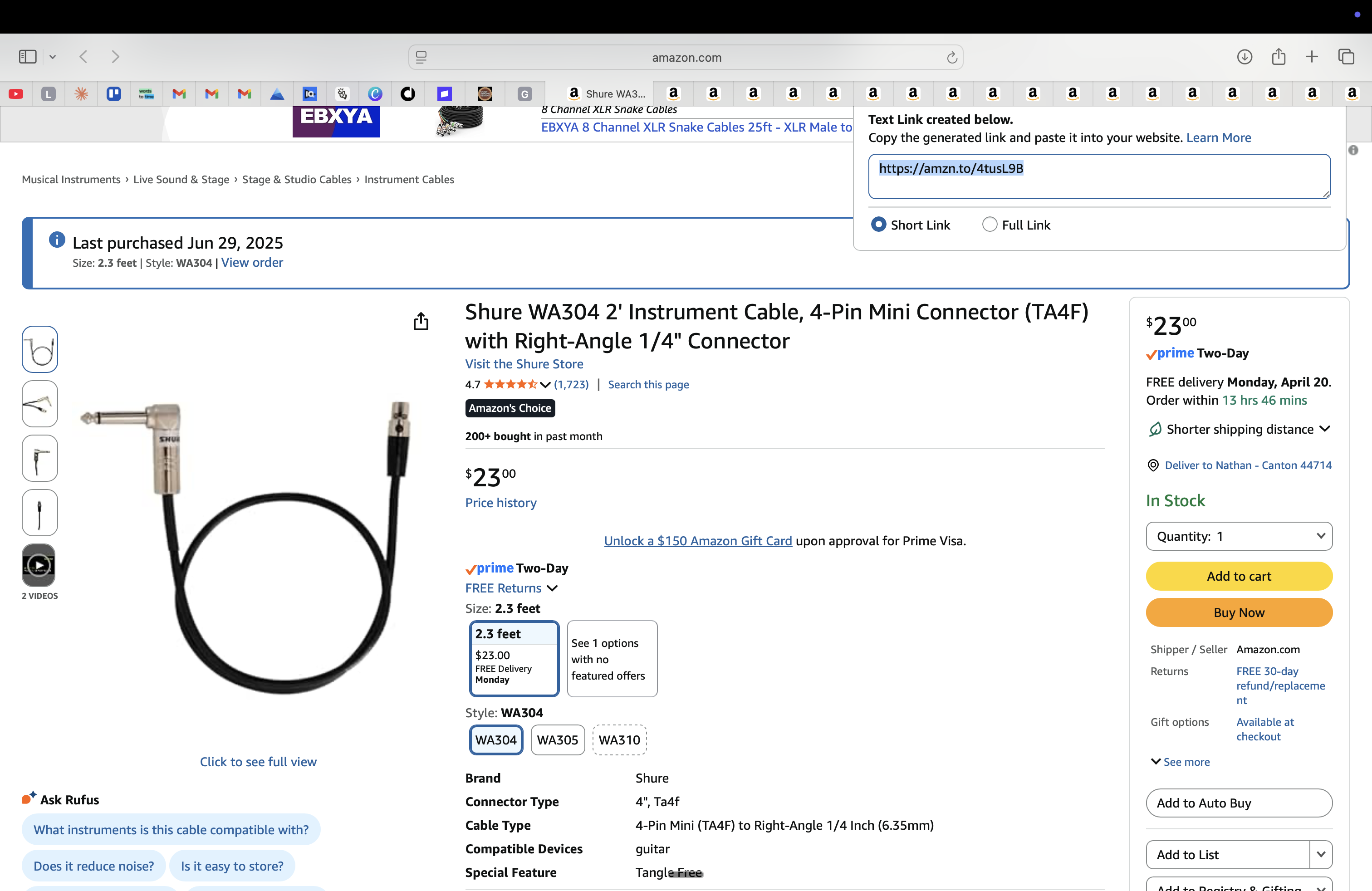 Shure WA304 TA4F to 1/4" Instrument Cable (2ft)