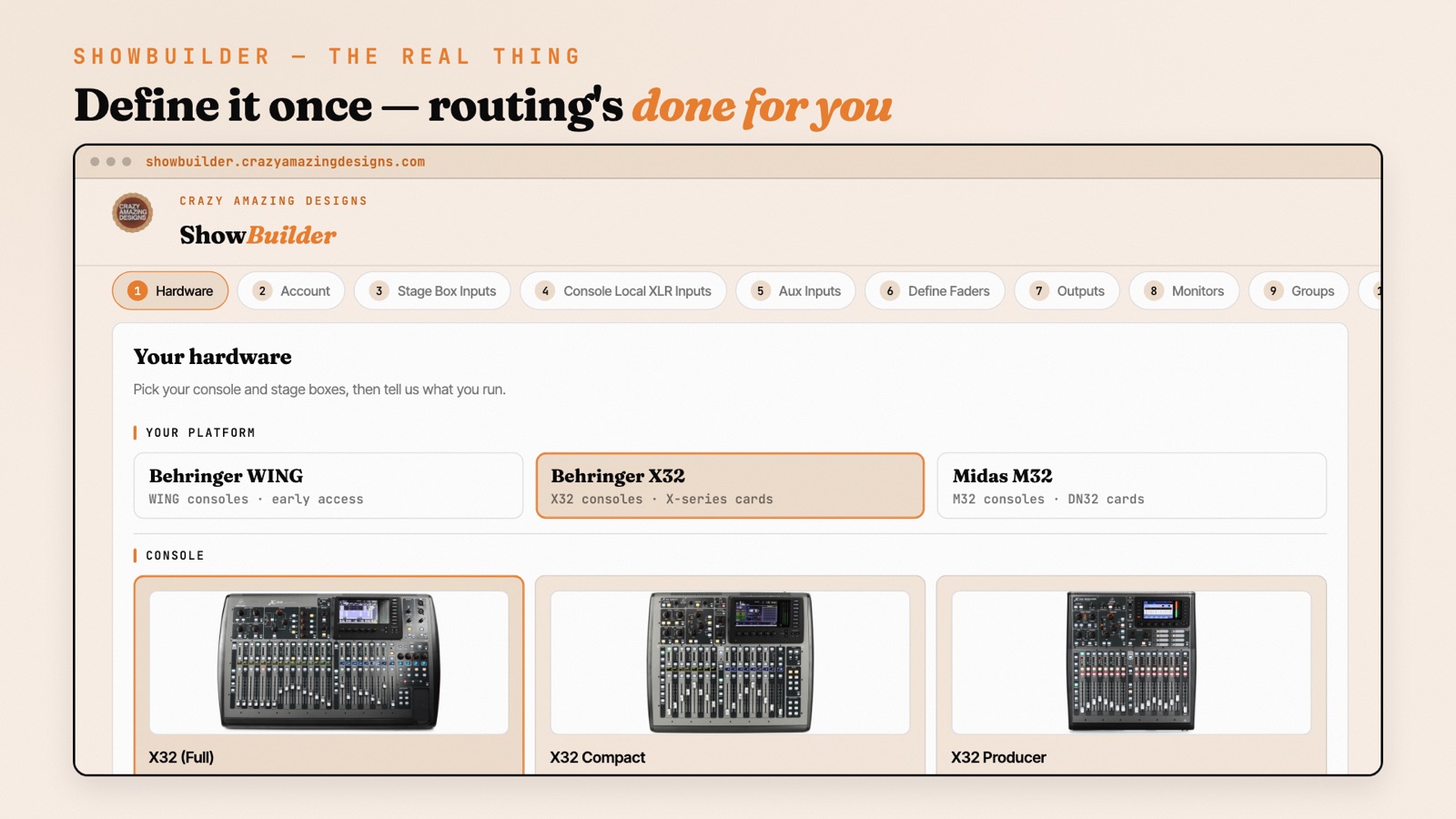 ShowBuilder step 1 — Define your hardware: pick your platform, console, and stage boxes