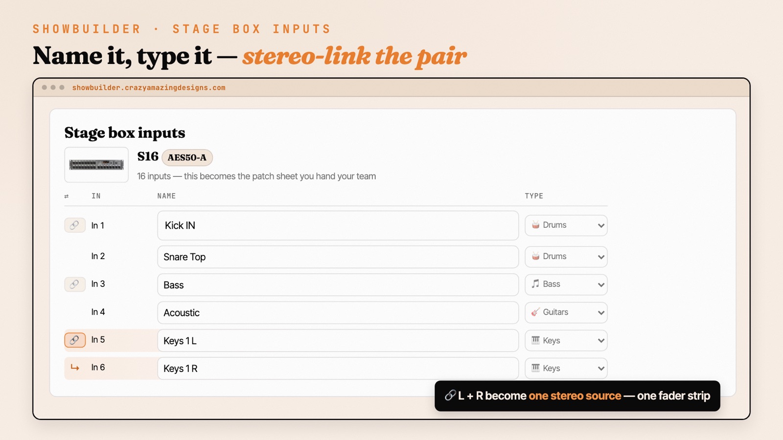 ShowBuilder step 2 — Name each stage box input, set its type, stereo-link pairs