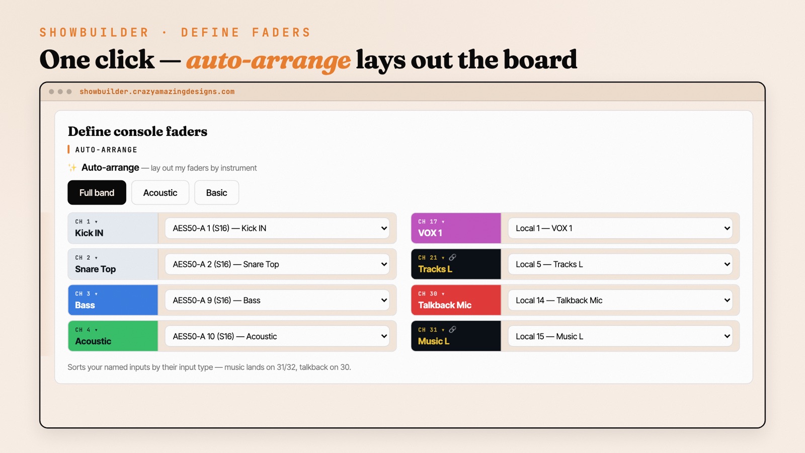 ShowBuilder step 3 — Auto-arrange lays your named inputs across the console faders by instrument