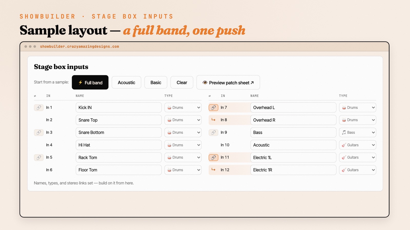 ShowBuilder step 4 — Start from a sample layout: a full band dropped in with names, types, and stereo links