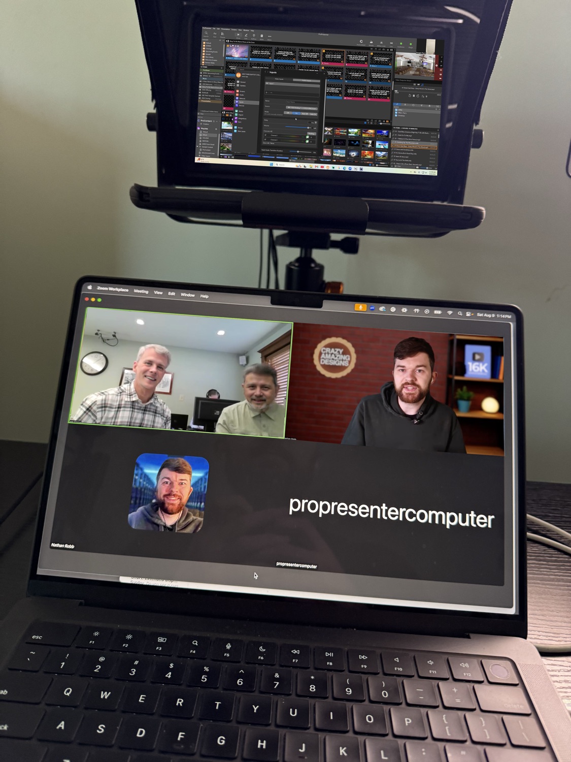 A real one-on-one Zoom session — Nathan screen-sharing into a church's ProPresenter setup